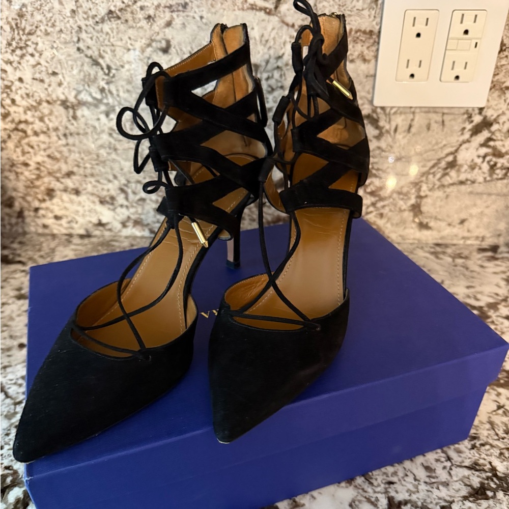 Aquazzura Black Lace-Up Heels with Suede Finish